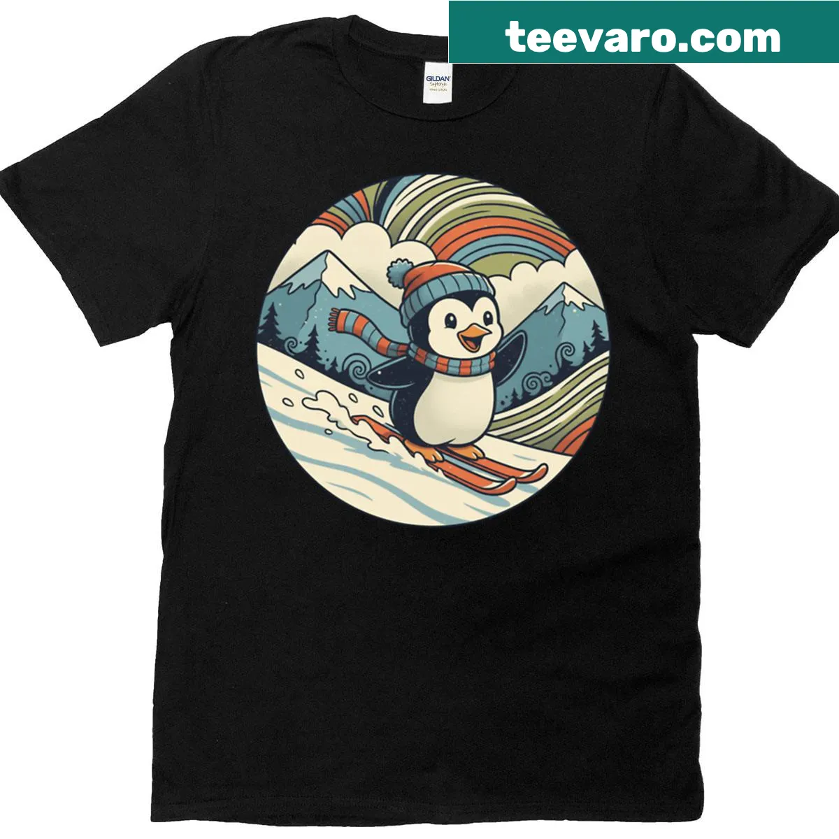 Retro t-shirt featuring a happy skiing penguin in winter — on a men's t-shirt