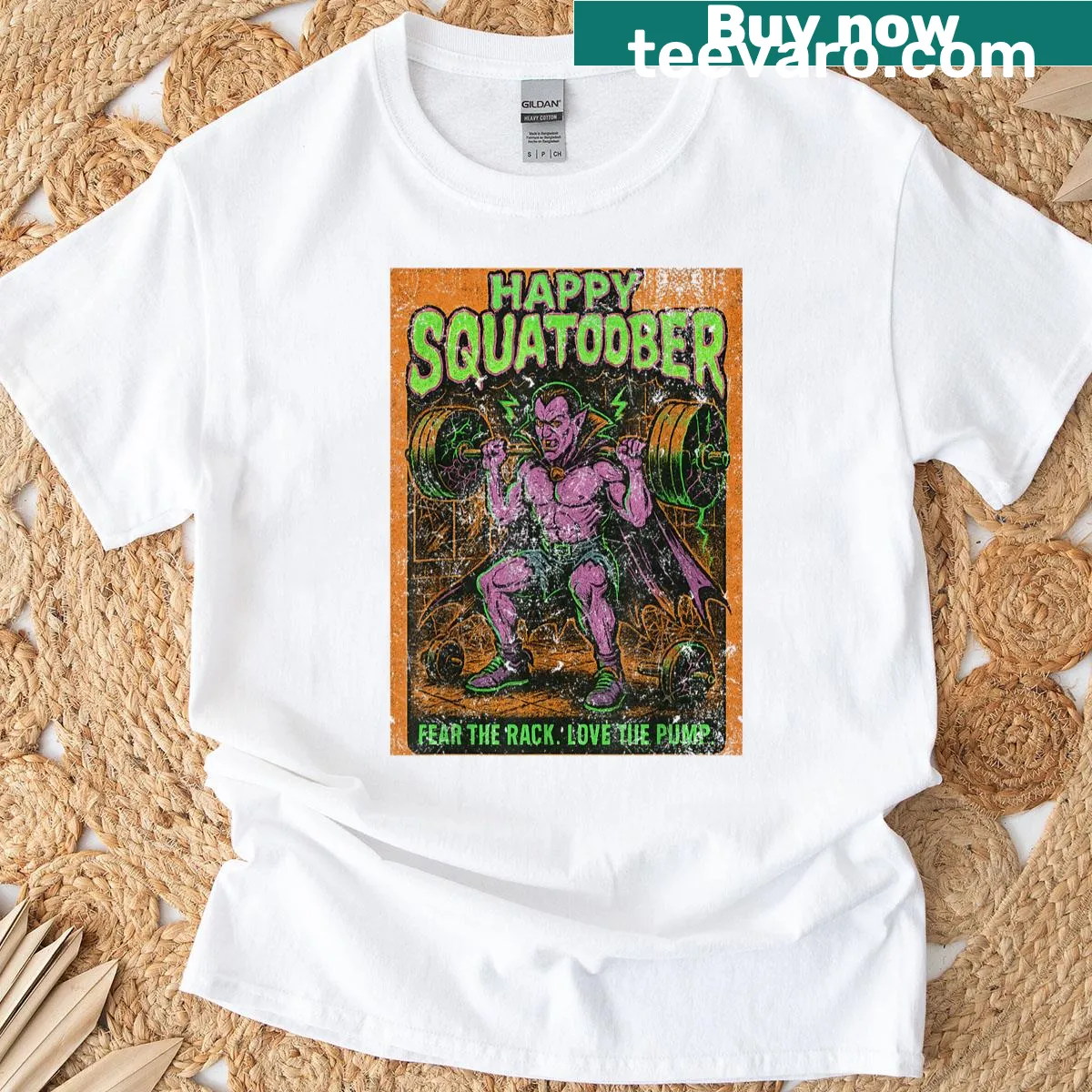 Vintage Halloween monster t-shirt for Squatober — on a men's t-shirt