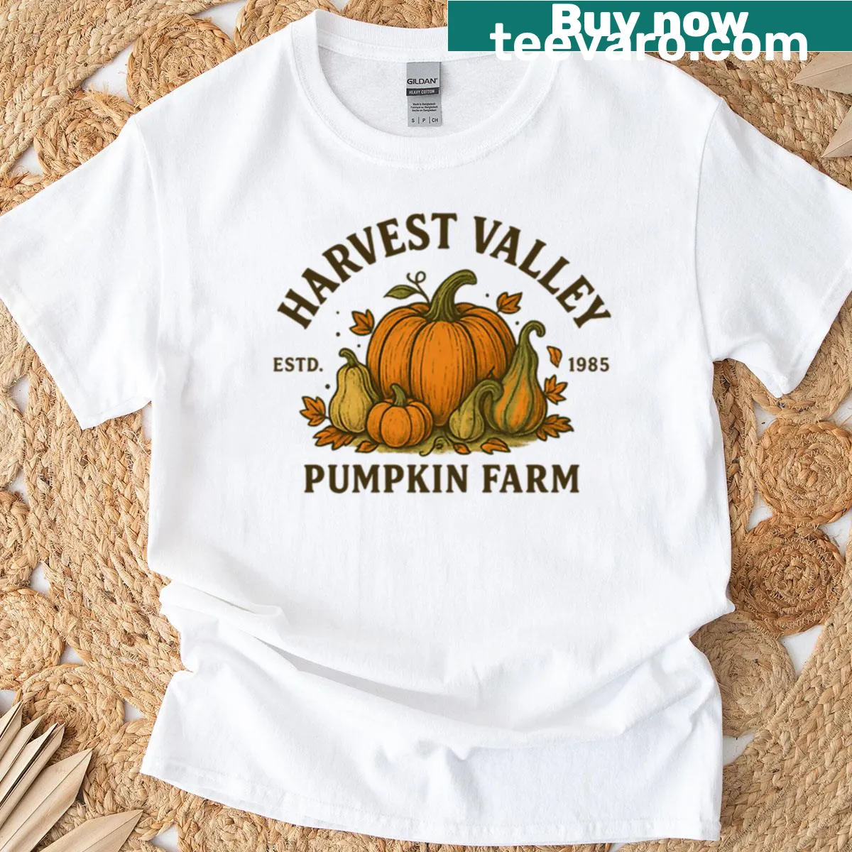 Rustic autumn logo t-shirt featuring Harvest Valley Pumpkin Farm design — on a men's t-shirt