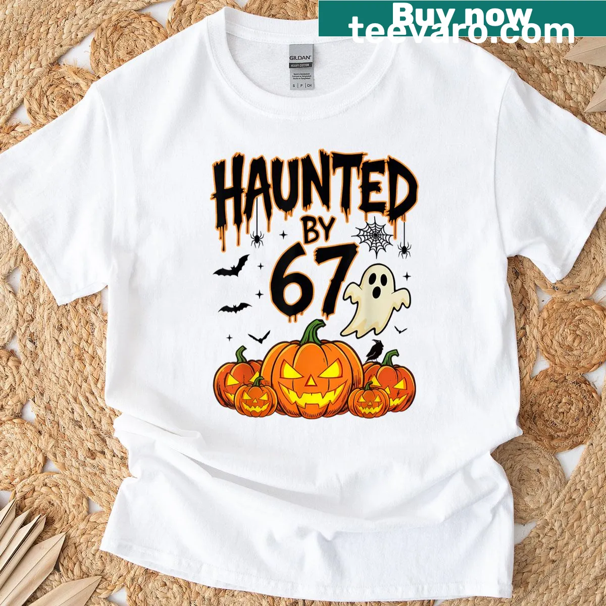 Funny Halloween t-shirt featuring a pumpkin and ghost illustration — on a men's t-shirt
