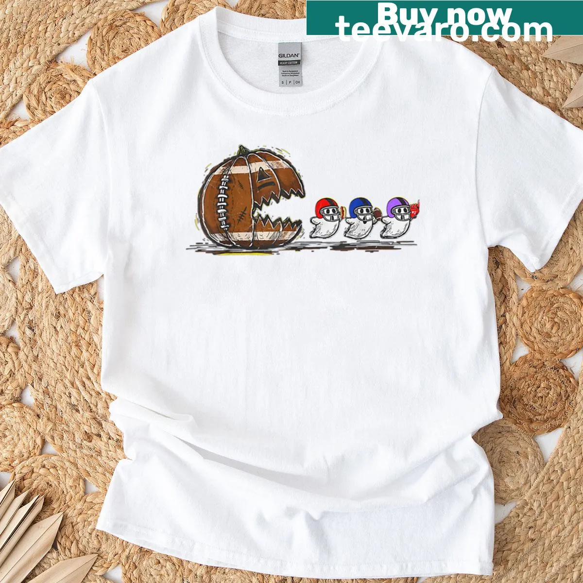 Halloween T-shirt with ghost football fan graphics — on a men's t-shirt