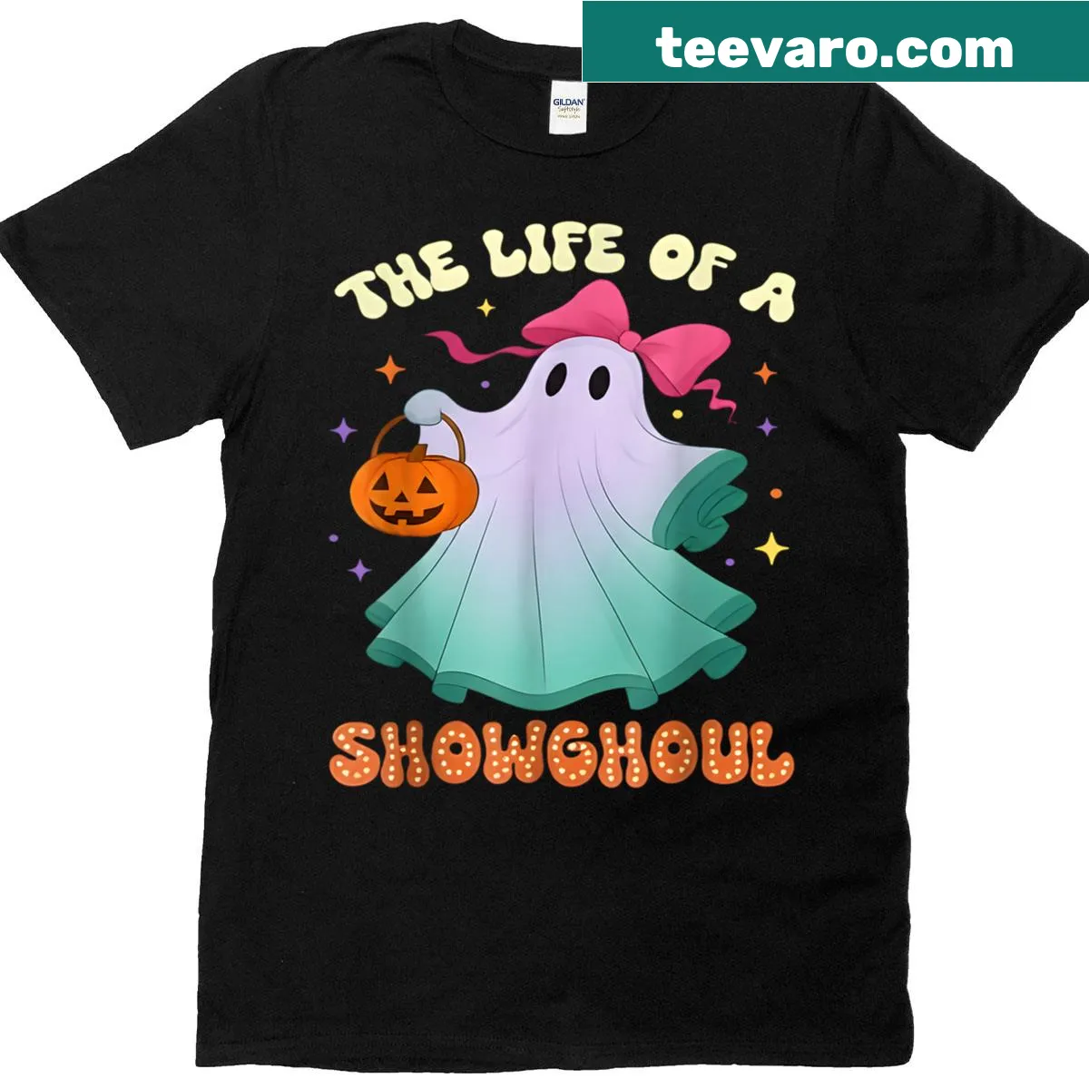 Retro Halloween shirt with ghosts and 'Showghoul' text design — on a men's t-shirt