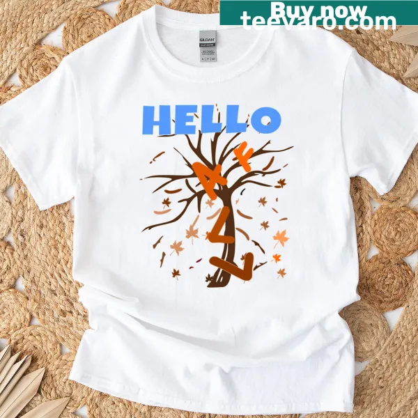 Autumn-themed t-shirt with a whimsical tree and floating letters