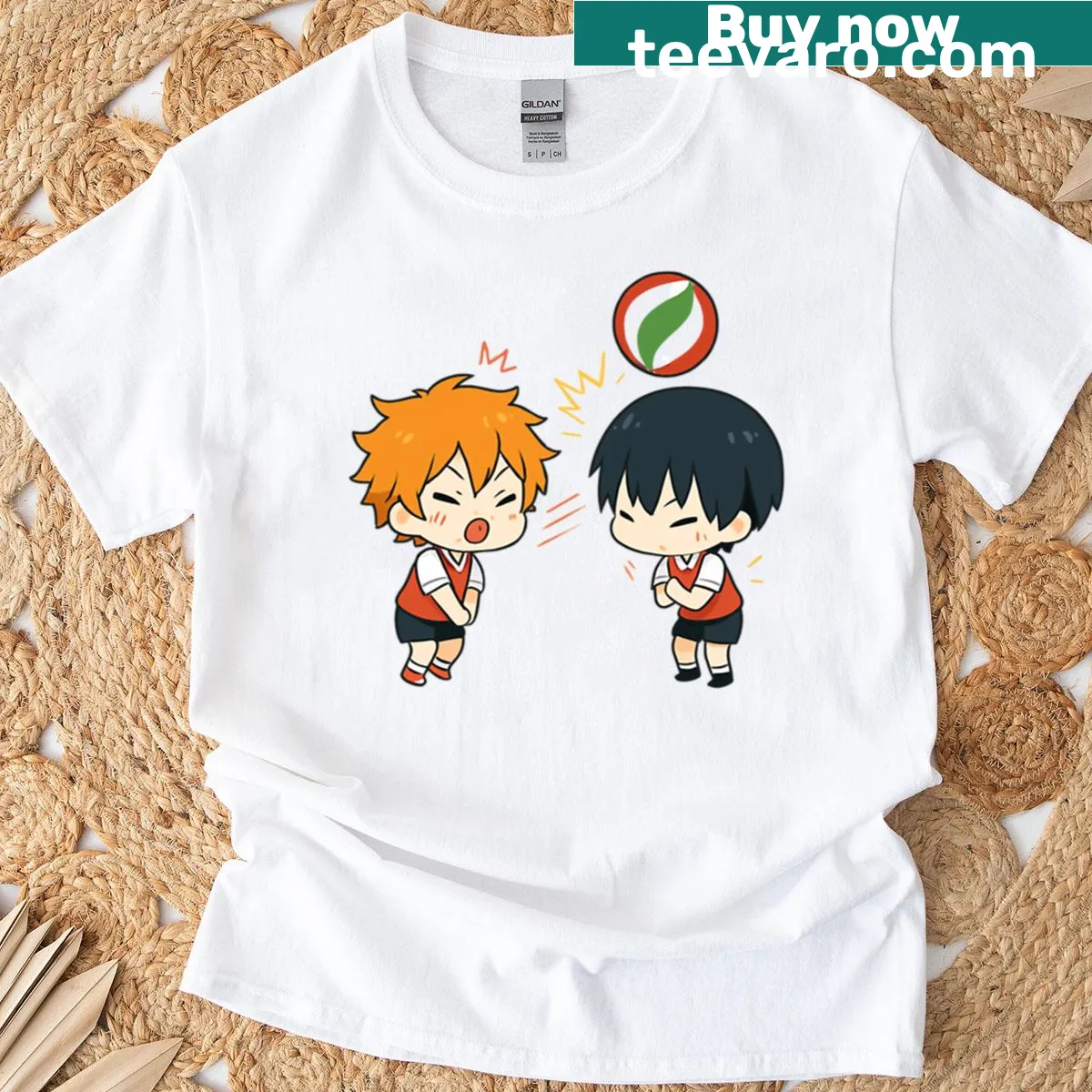 Chibi-style t-shirt featuring Hinata and Kageyama from anime — on a men's t-shirt