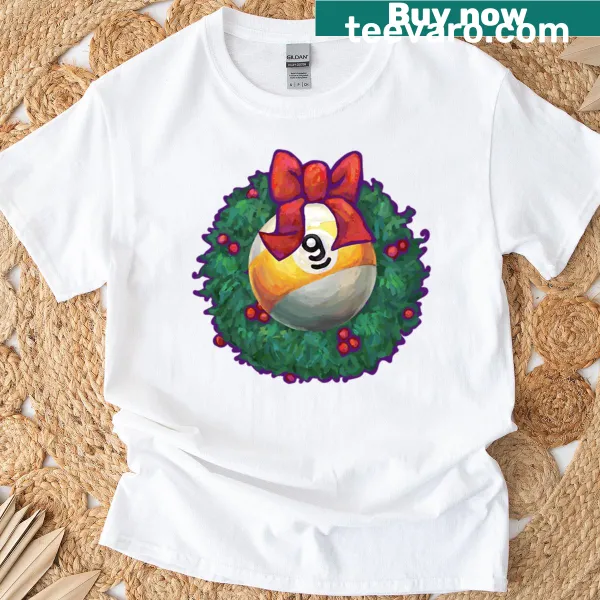 T-shirt featuring a nine ball in a Christmas wreath design