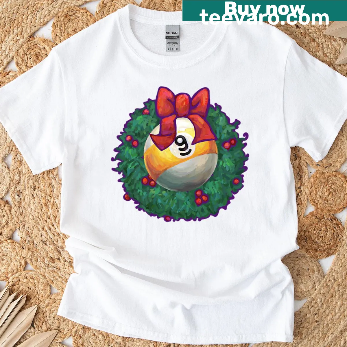T-shirt featuring a nine ball in a Christmas wreath design — on a men's t-shirt
