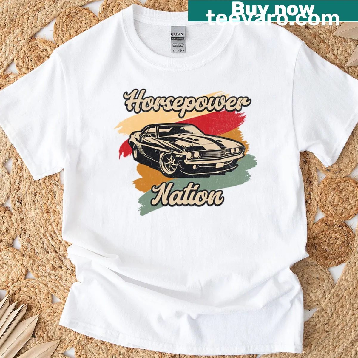 Vintage design featuring 'Horsepower Nation' text celebrating cars — on a men's t-shirt