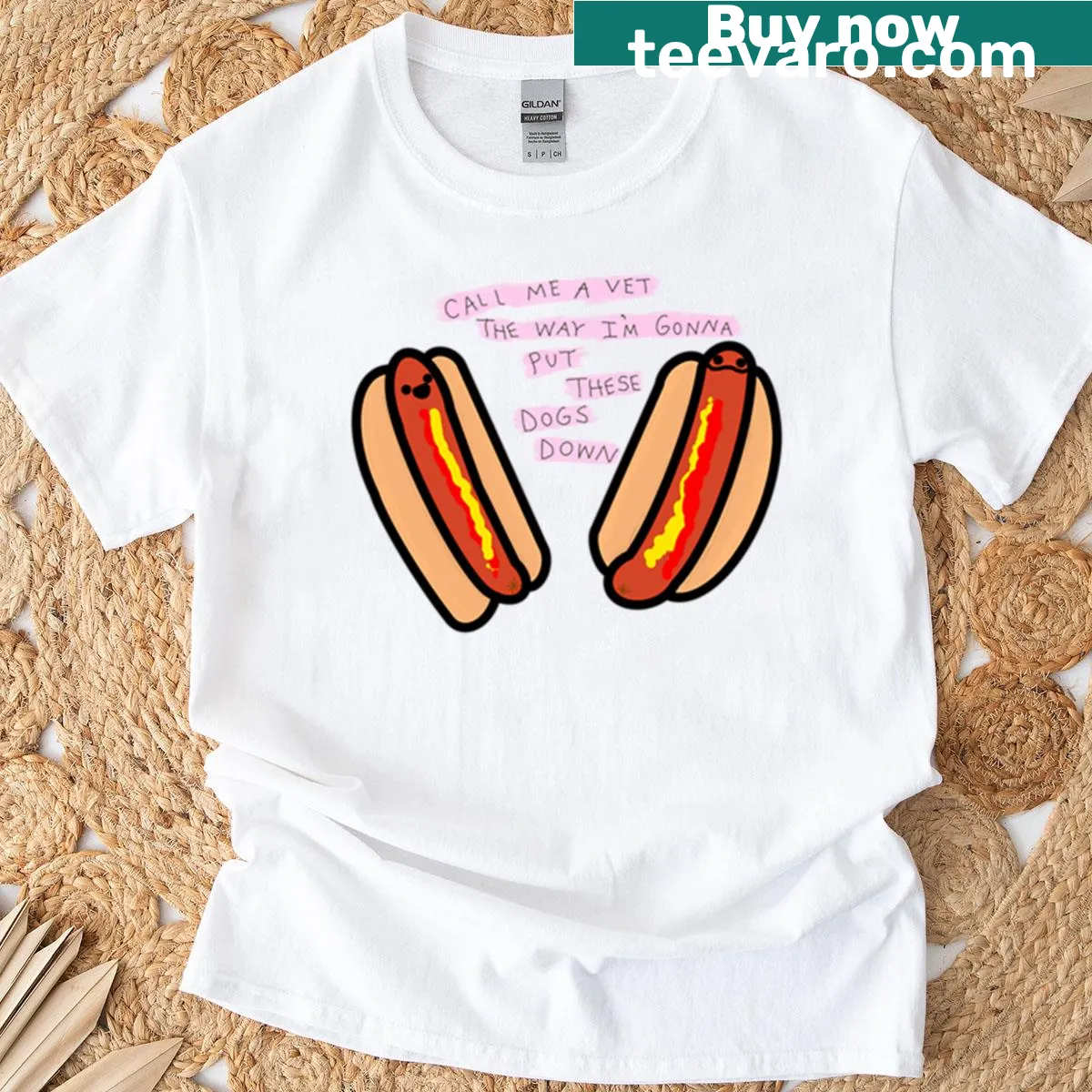 Fun t-shirt featuring a hot dog and veterinary theme illustration — on a men's t-shirt