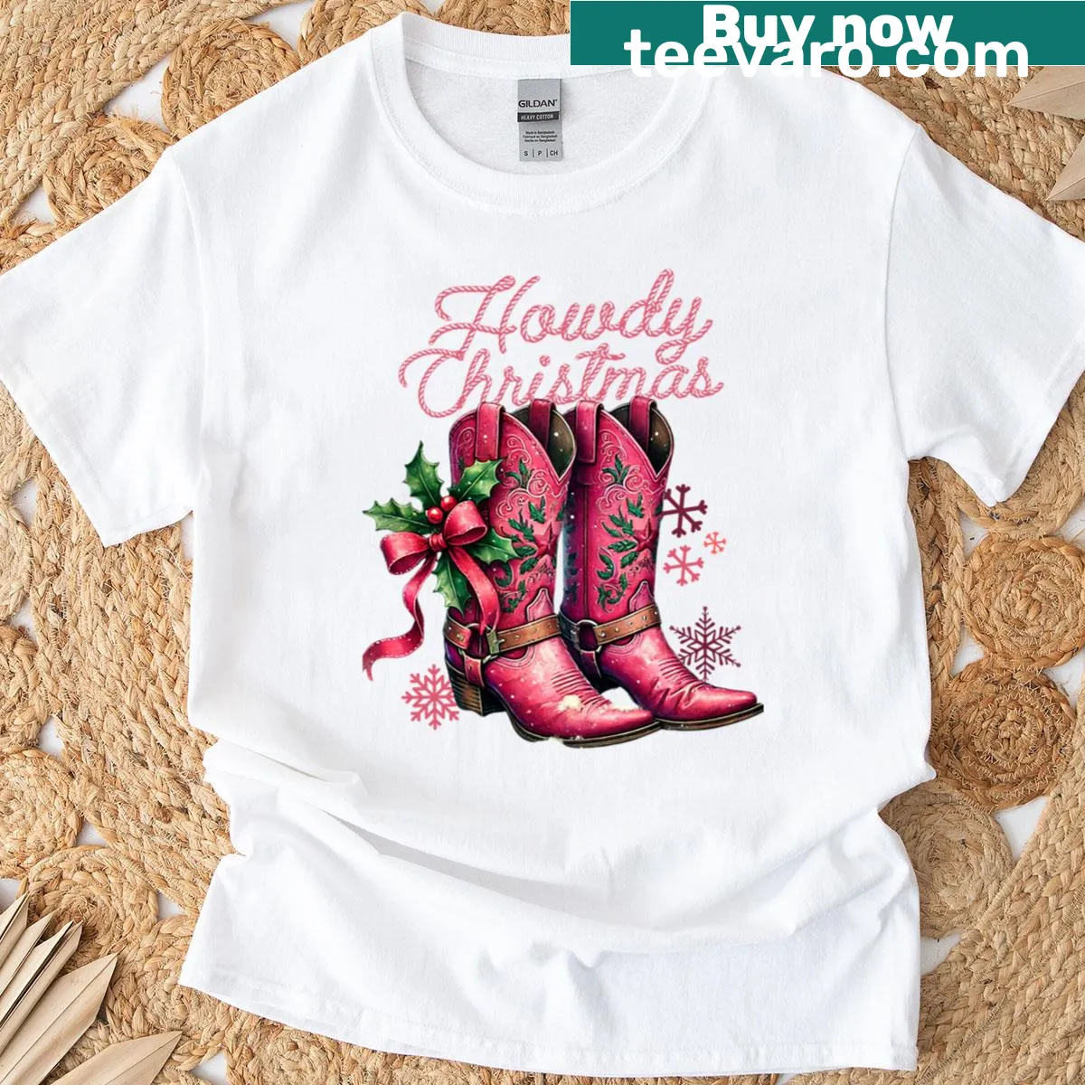 Cowgirl holiday boots T-shirt with playful Christmas design — on a men's t-shirt