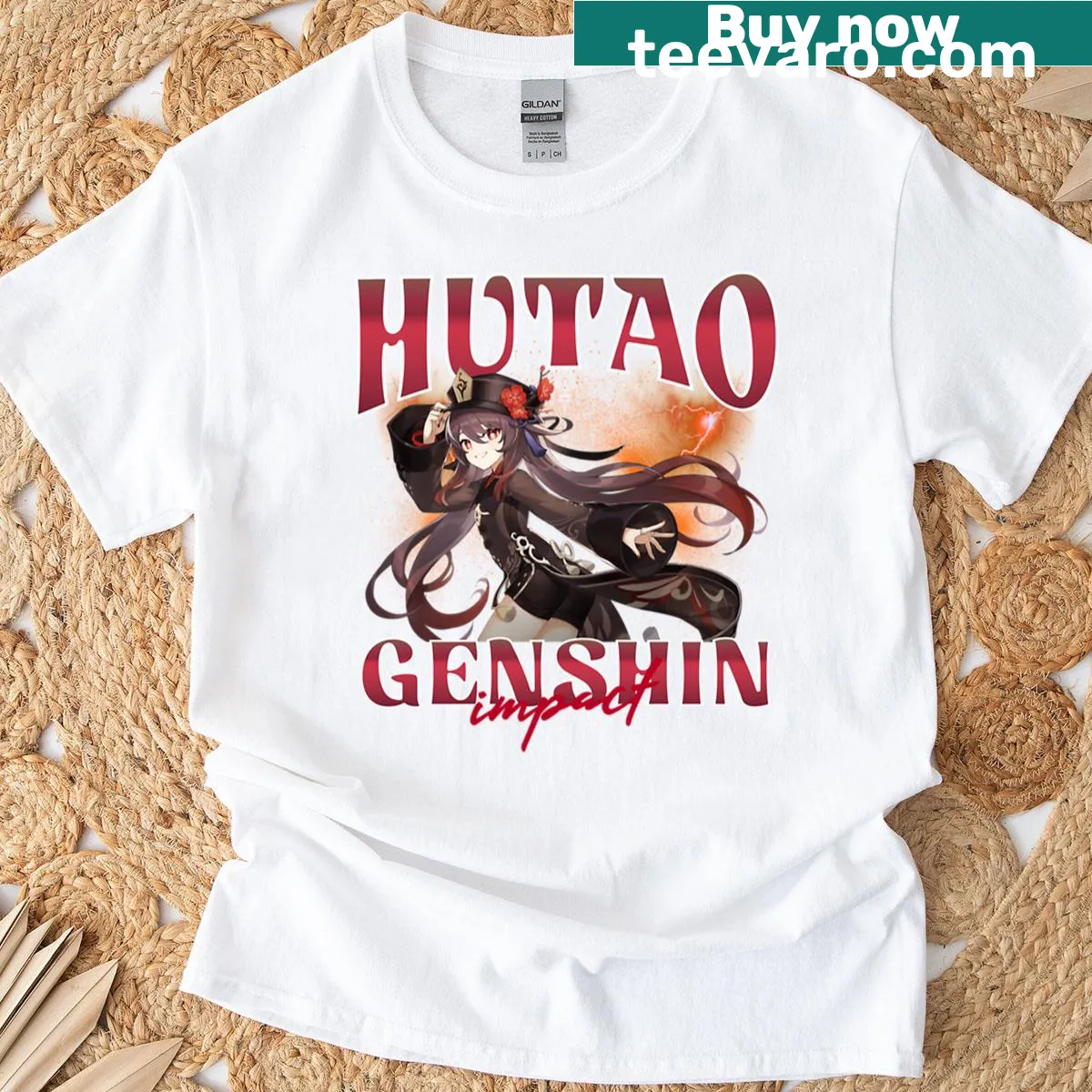 Genshin Impact t-shirt featuring the character Hu Tao — on a men's t-shirt