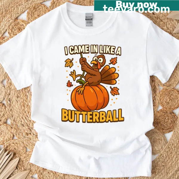 Funny Thanksgiving Turkey T-shirt with cartoon turkey and pumpkin