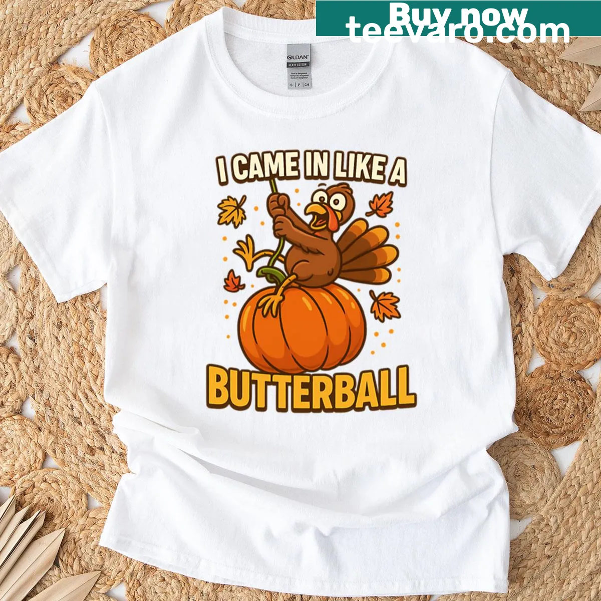 Funny Thanksgiving Turkey T-shirt with cartoon turkey and pumpkin — on a men's t-shirt