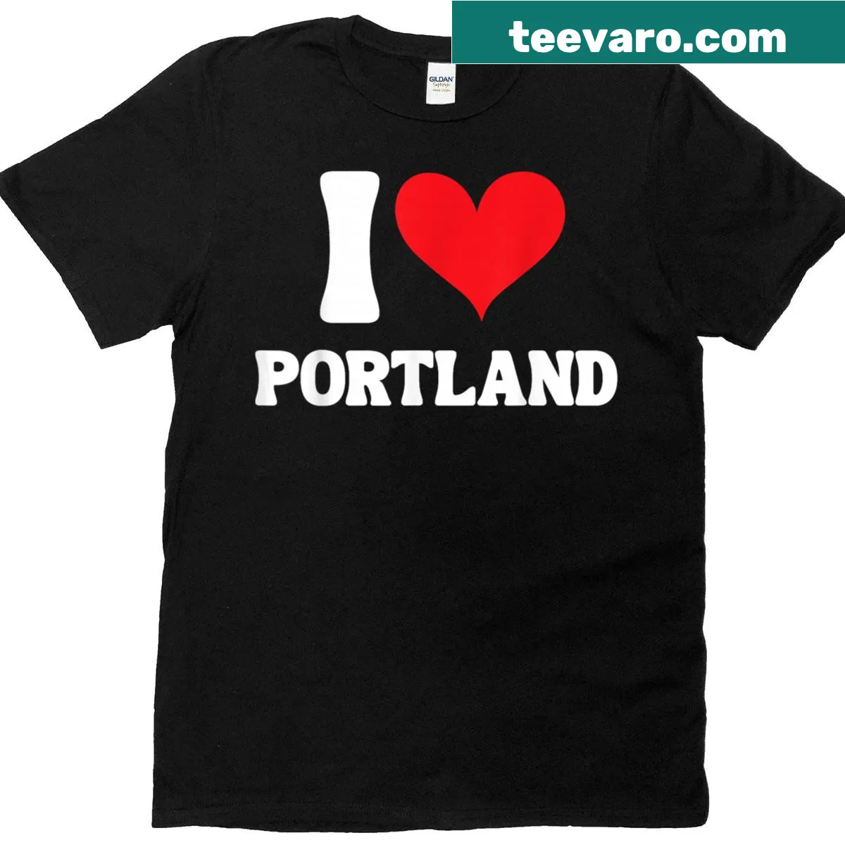 Red heart graphic featuring Portland skyline on a T-shirt — on a men's t-shirt