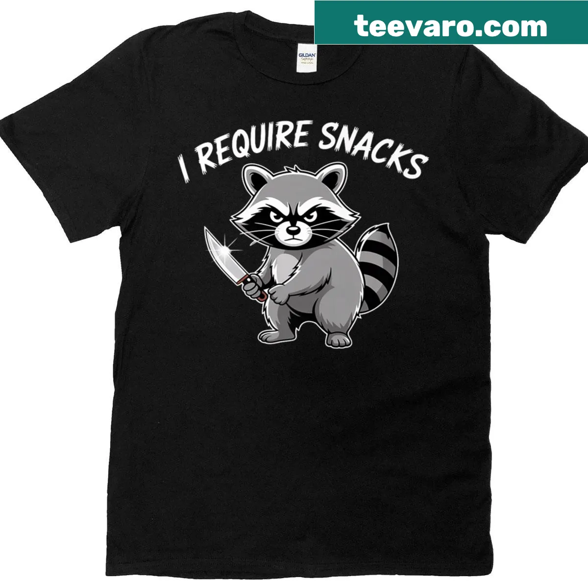 Cute T-shirt with a raccoon graphic and 'I Require Snacks' text — on a men's t-shirt