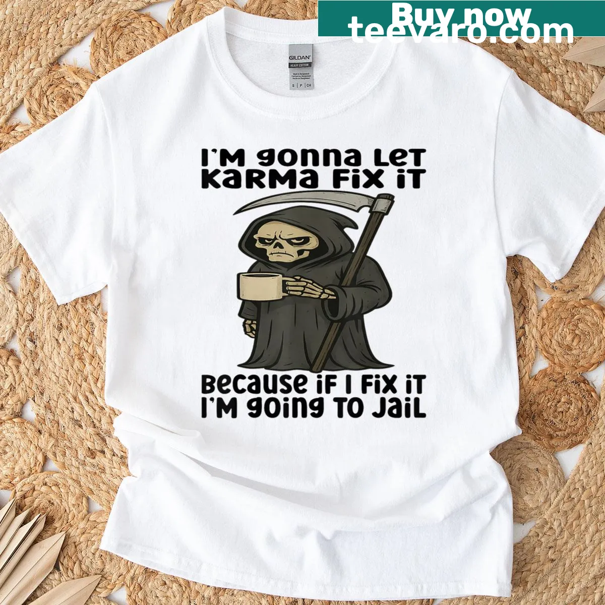 Sarcastic t-shirt featuring the phrase about karma — on a men's t-shirt