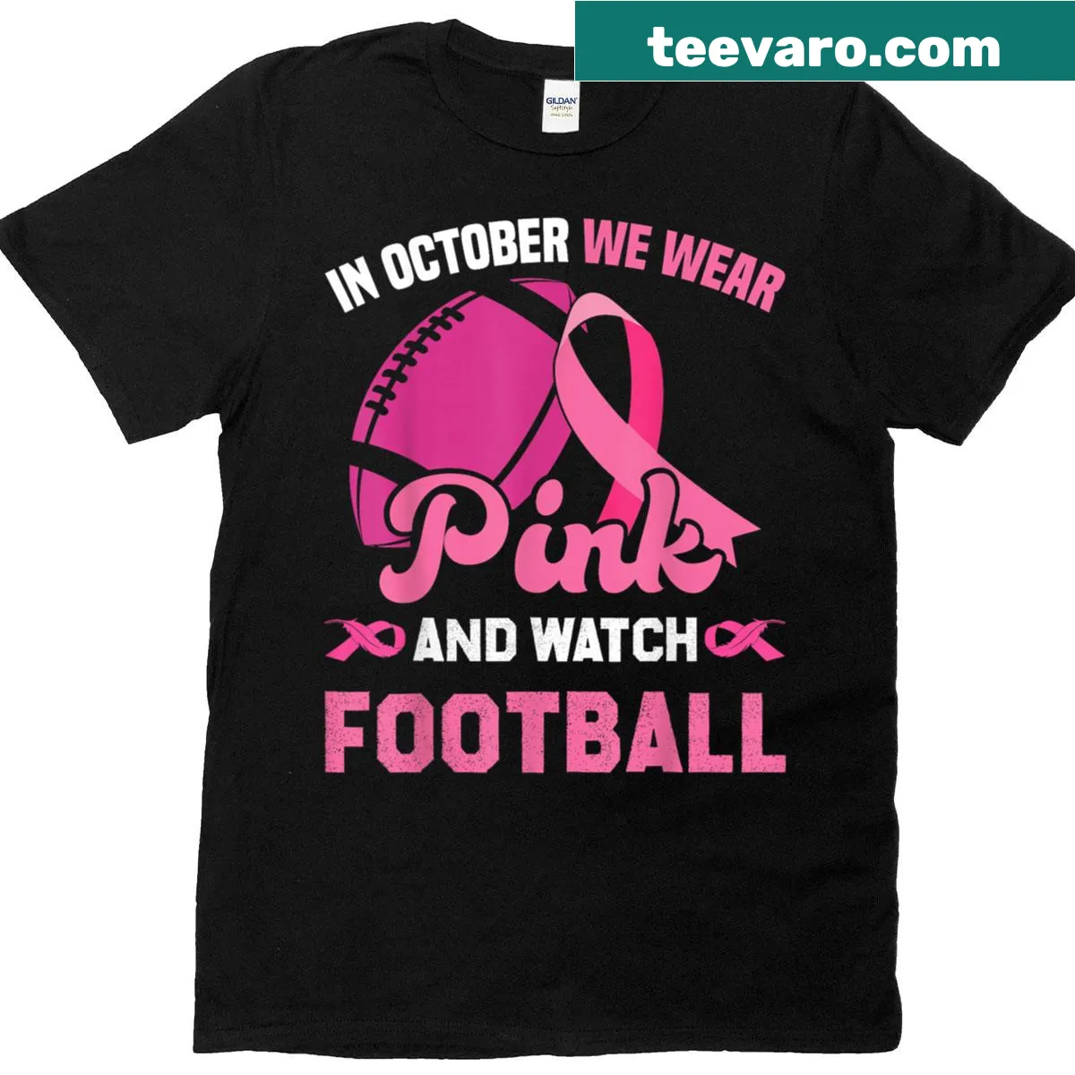Breast Cancer Awareness t-shirt with pink text and football graphics — on a men's t-shirt