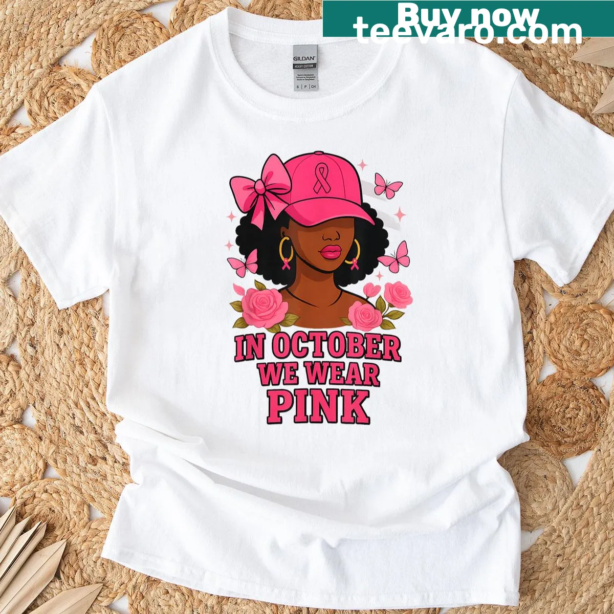 'In October We Wear Pink' typography t-shirt for breast cancer awareness — on a men's t-shirt