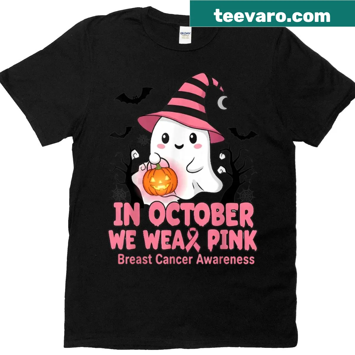 Ghost and witch graphic promoting breast cancer awareness — on a men's t-shirt