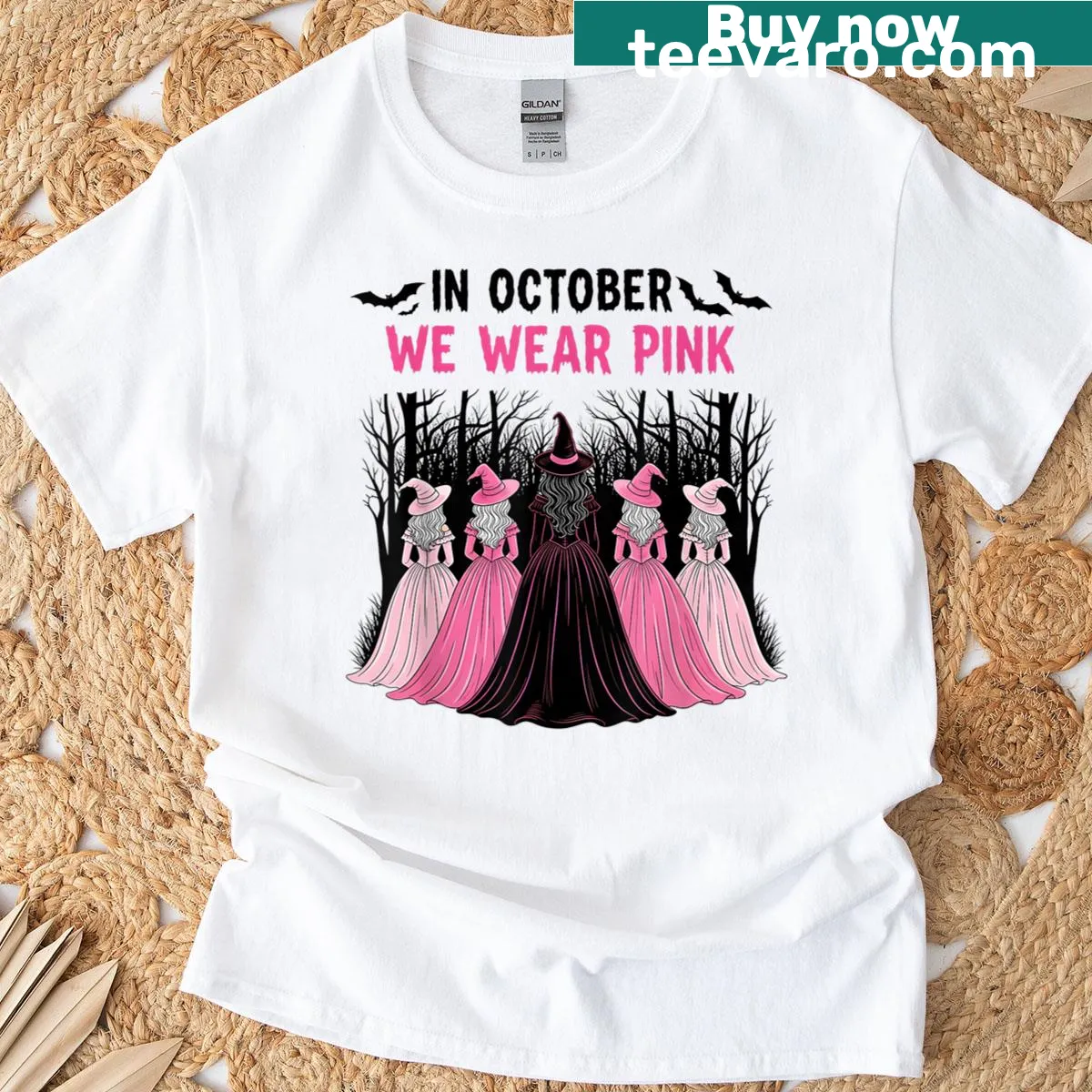 Halloween t-shirt with 'In October We Wear Pink' for awareness — on a men's t-shirt