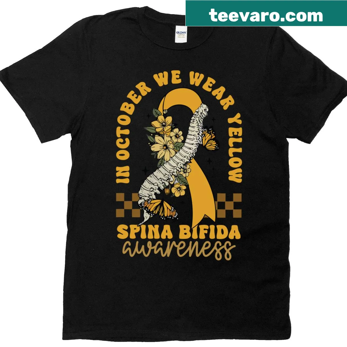 Support awareness tee with text 'In October We Wear Yellow' — on a men's t-shirt