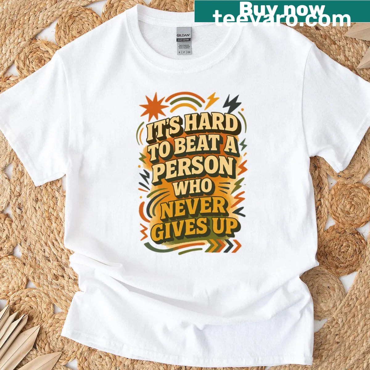 Inspirational typography shirt featuring 'It's Hard To Beat A Person Who Never Gives Up' — on a men's t-shirt