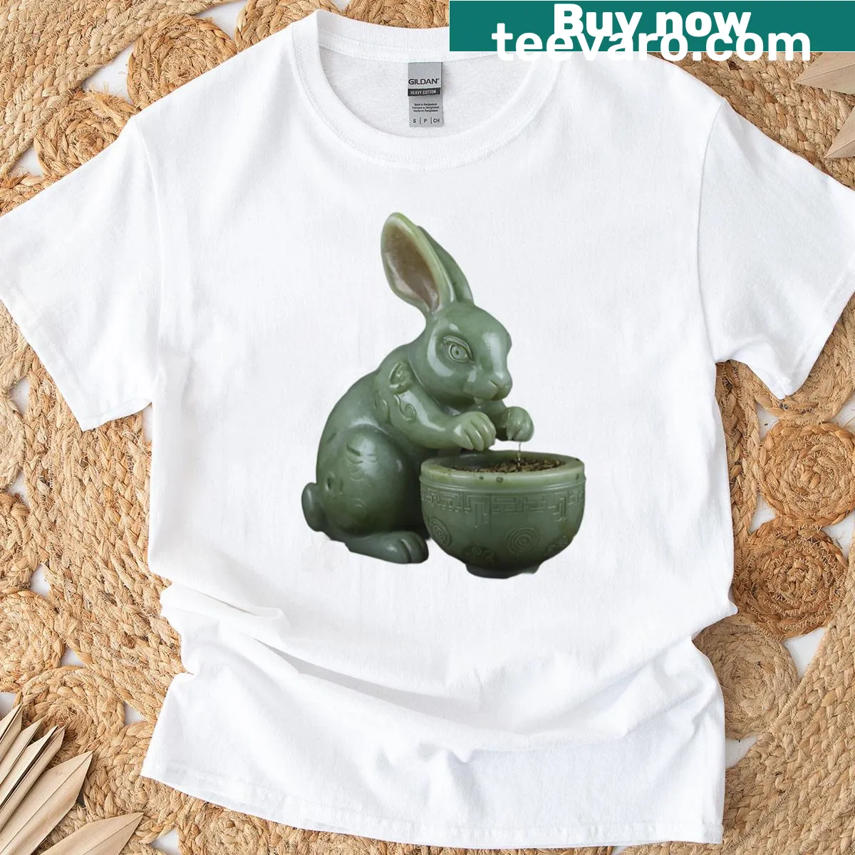 Illustrated t-shirt featuring the Jade Rabbit with a mortar. — on a men's t-shirt