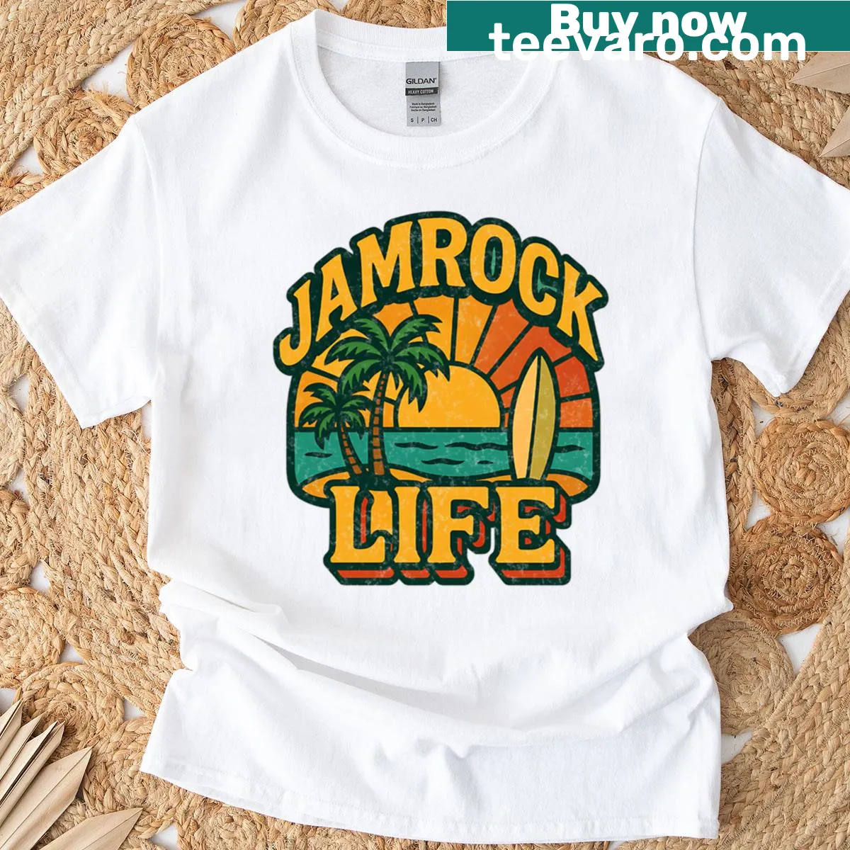 T-shirt showcasing a design representing Jamrock life and culture — on a men's t-shirt