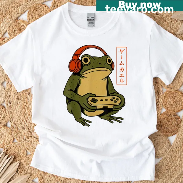 Funny frog gaming graphic on a vintage T-shirt