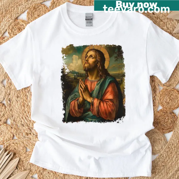 Religious shirt featuring Jesus Christ in prayer design