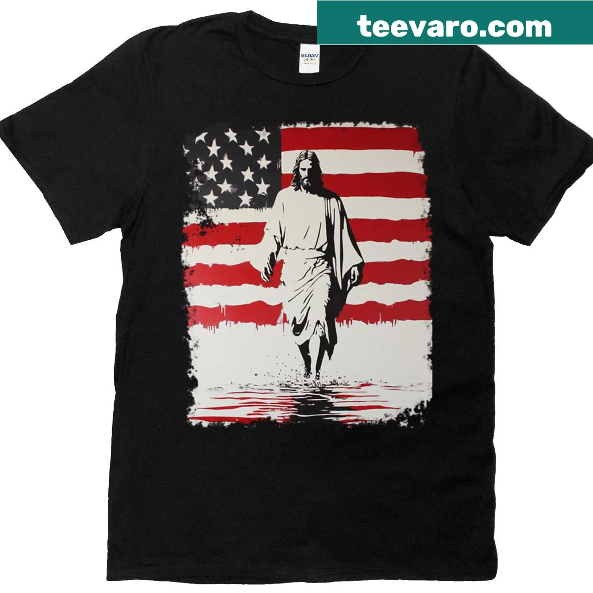 Illustration of Jesus with the American flag in the background — on a men's t-shirt