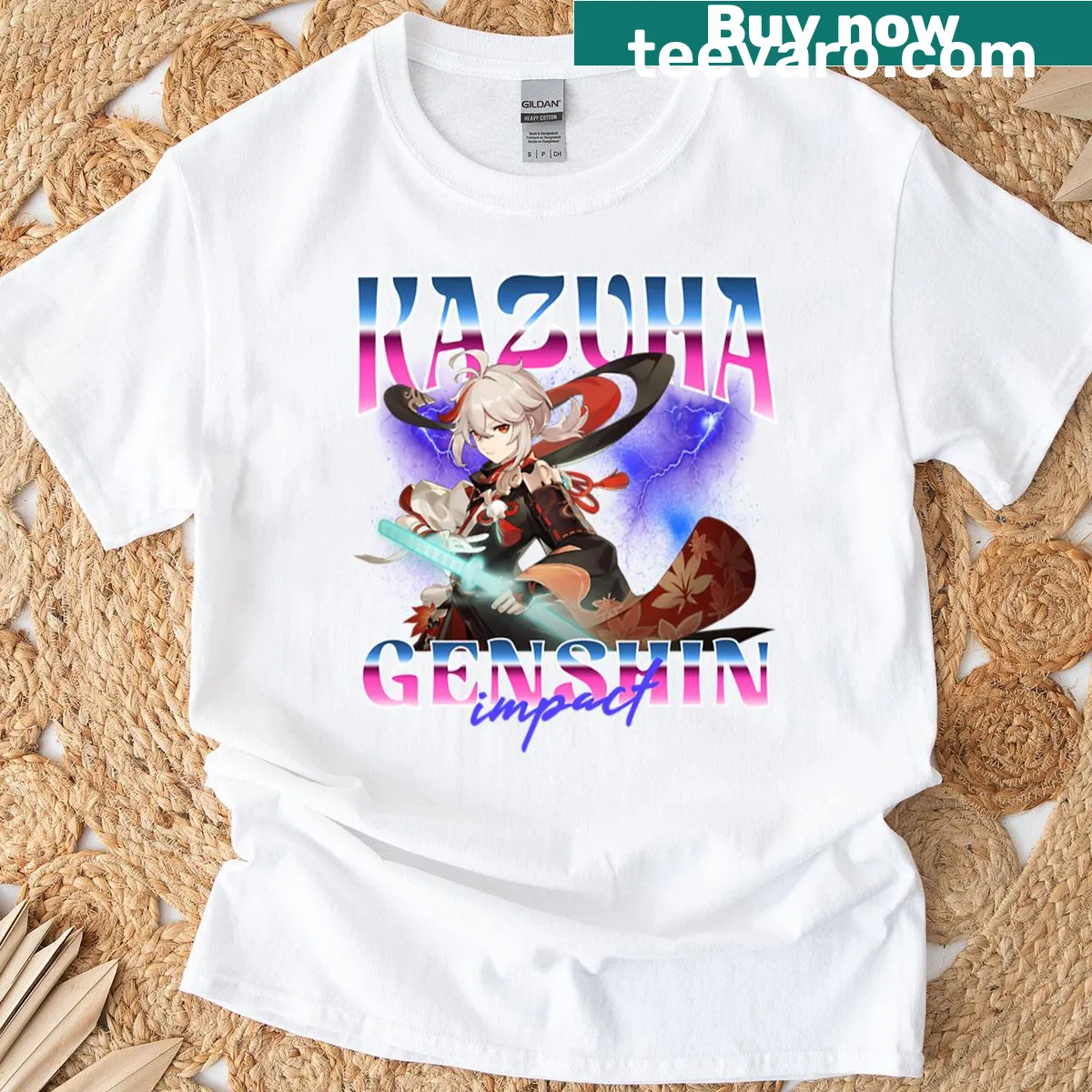 T-shirt with a graphic of Kaedehara Kazuha from Genshin Impact — on a men's t-shirt