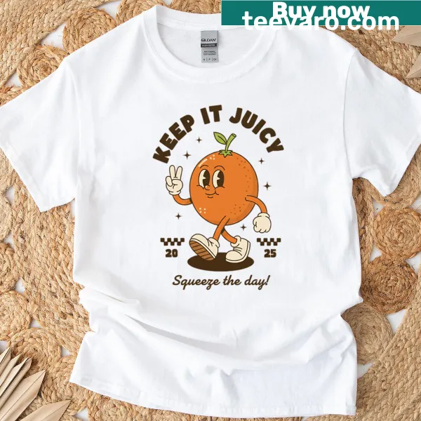 Playful retro cartoon mascot design with 'Keep It Juicy' text
