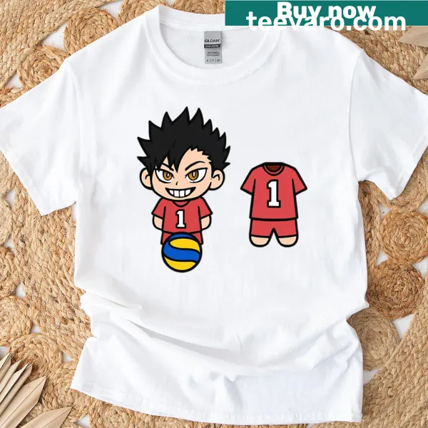 T-shirt featuring Kuroo holding a volleyball in a playful design