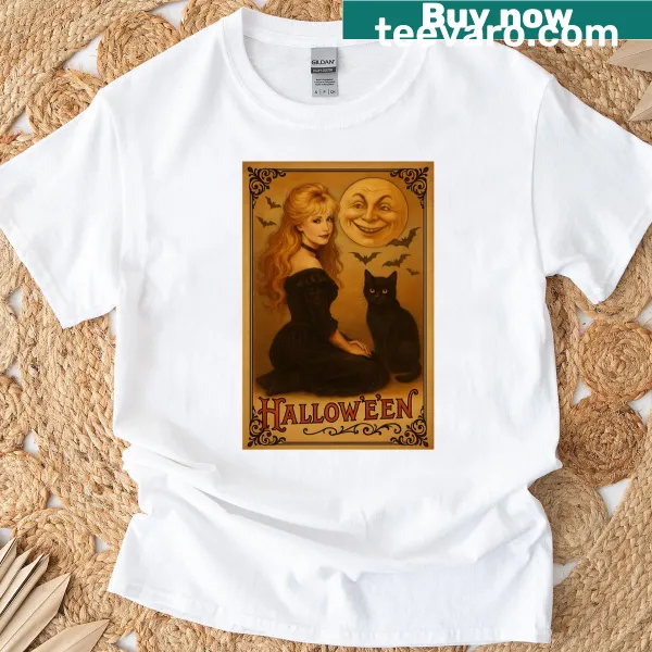 Vintage postcard Halloween shirt featuring a witch and black cat