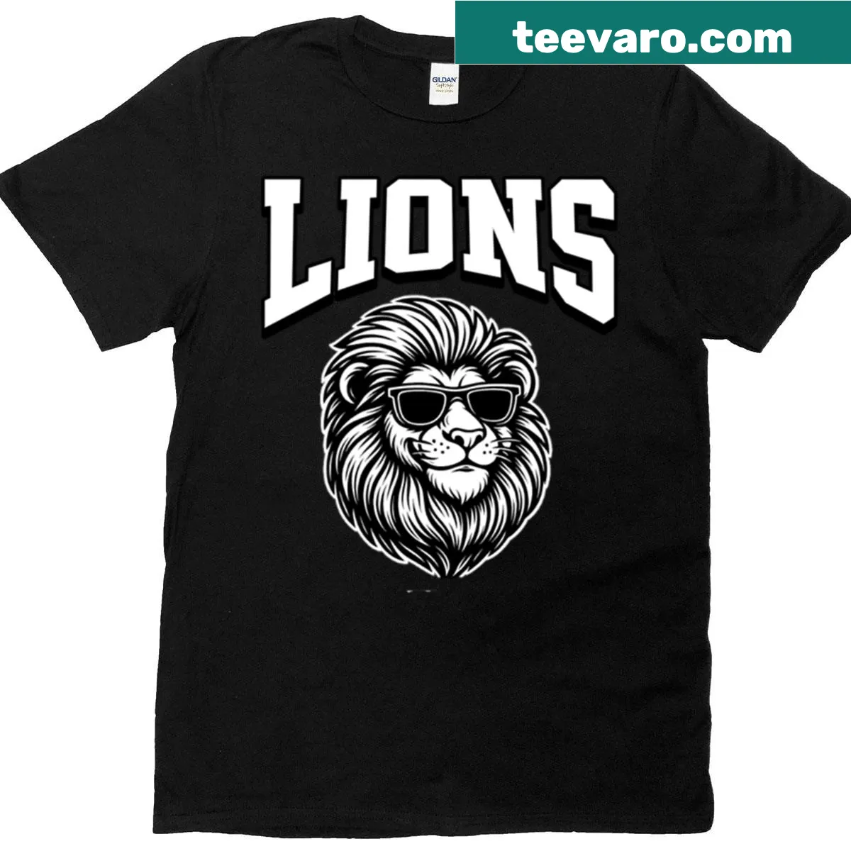 Bold black and white lion mascot head with sunglasses — on a men's t-shirt