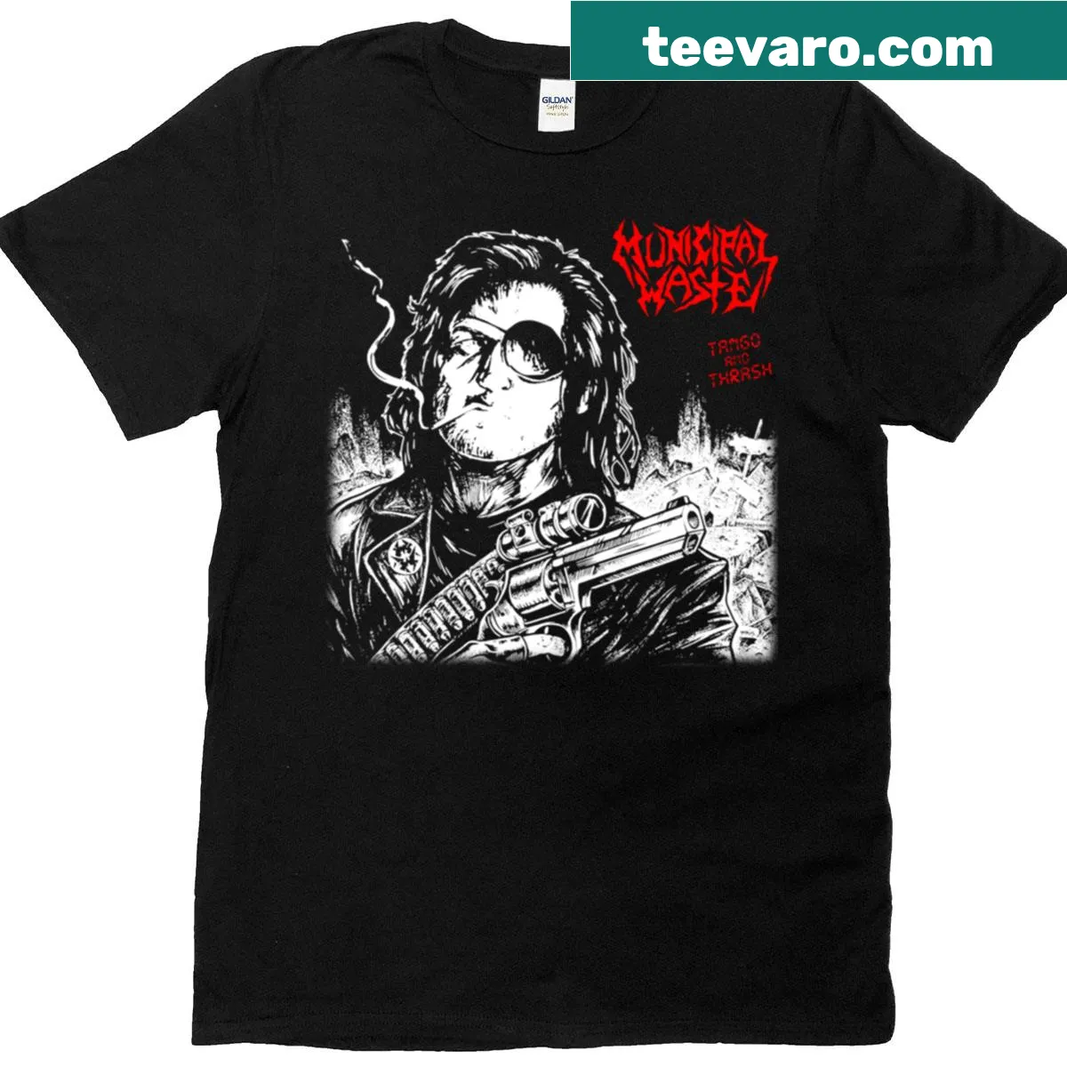 T-shirt featuring a long-haired man and bold typography design — on a men's t-shirt