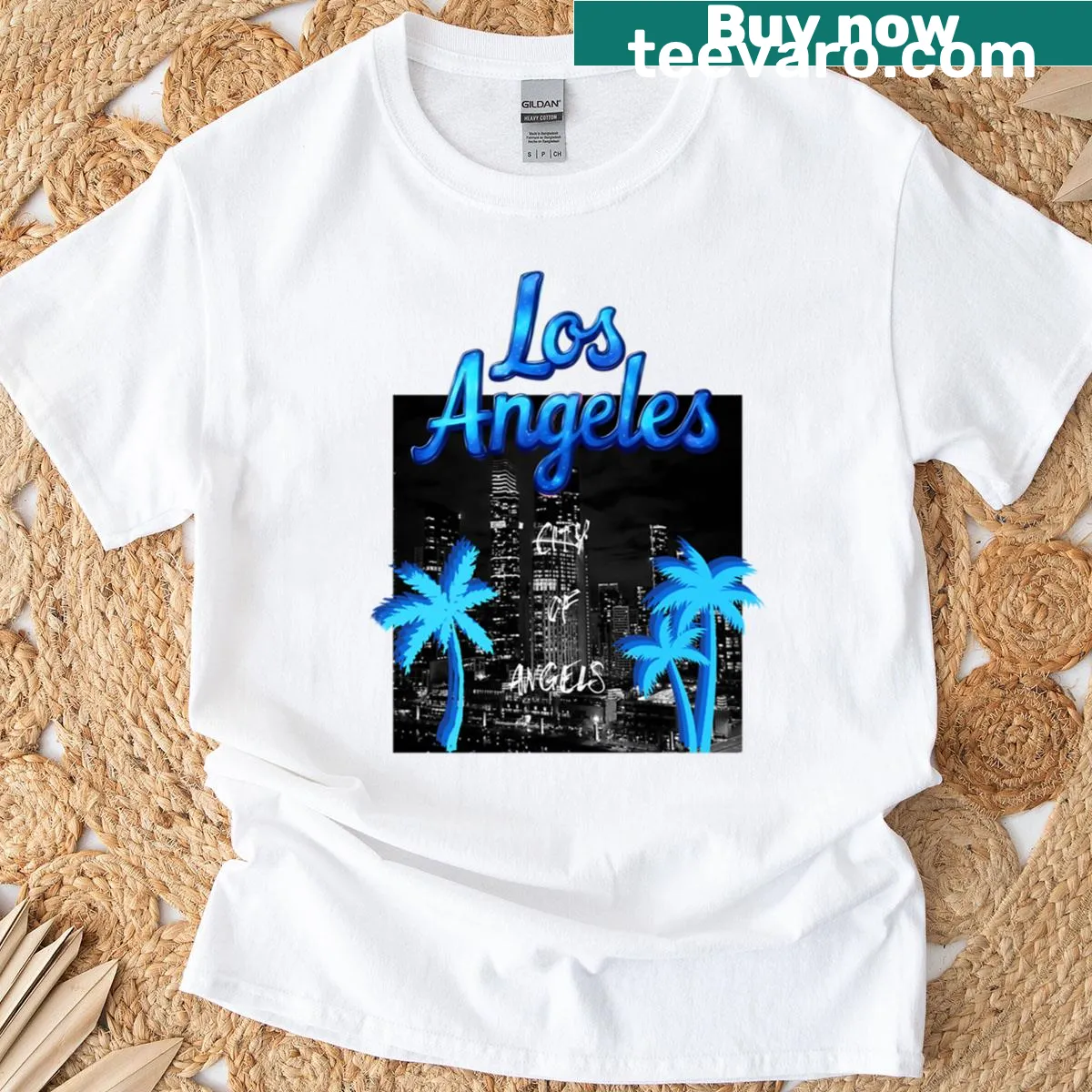 Los Angeles themed T-shirt featuring a playful illustration of the city. — on a men's t-shirt