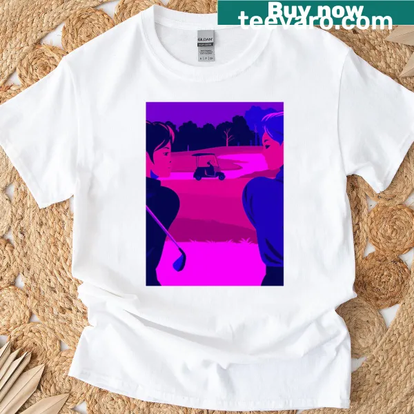 Artistic graphic T-shirt featuring golf equipment and nature scene