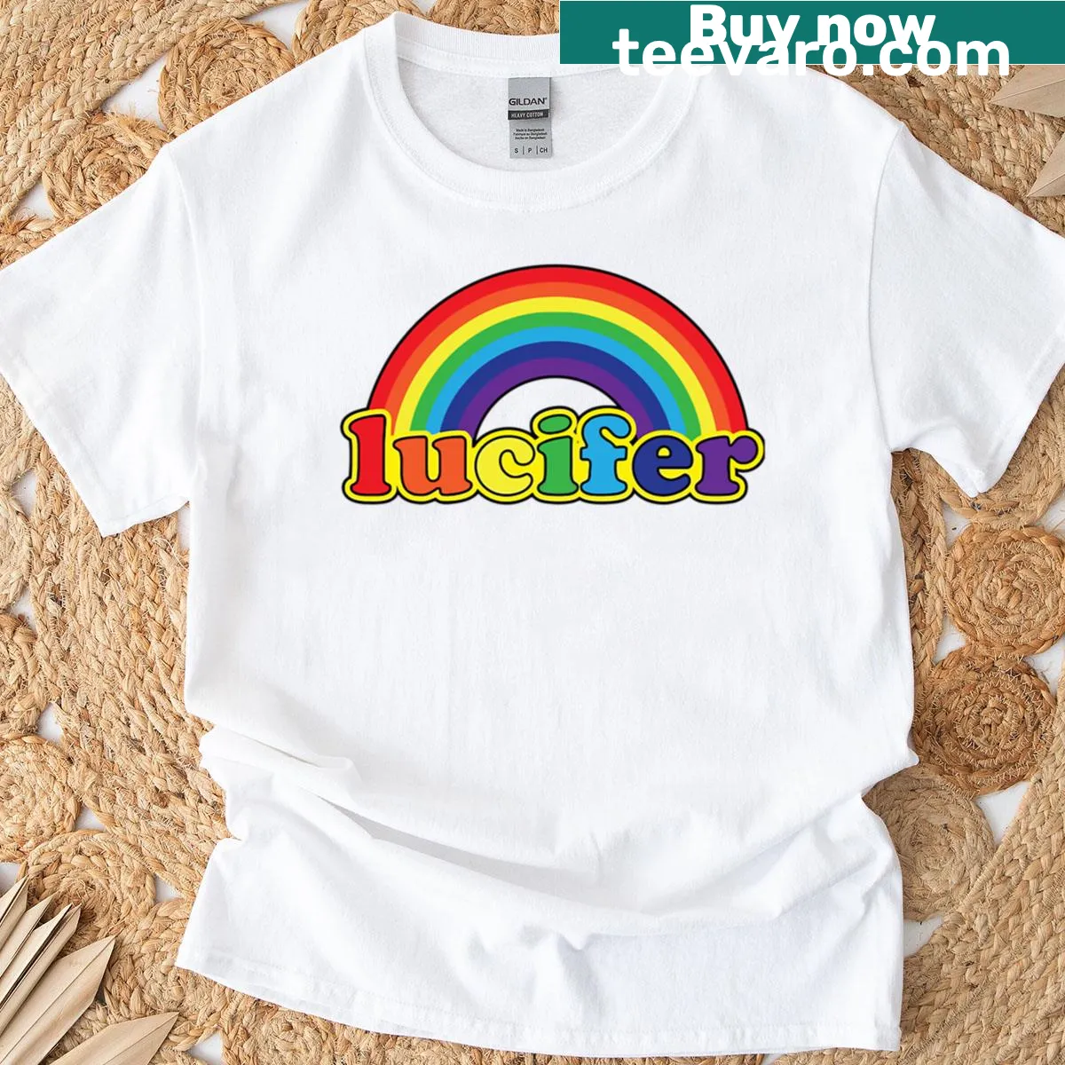 Funny Halloween t-shirt featuring cartoon Lucifer design — on a men's t-shirt