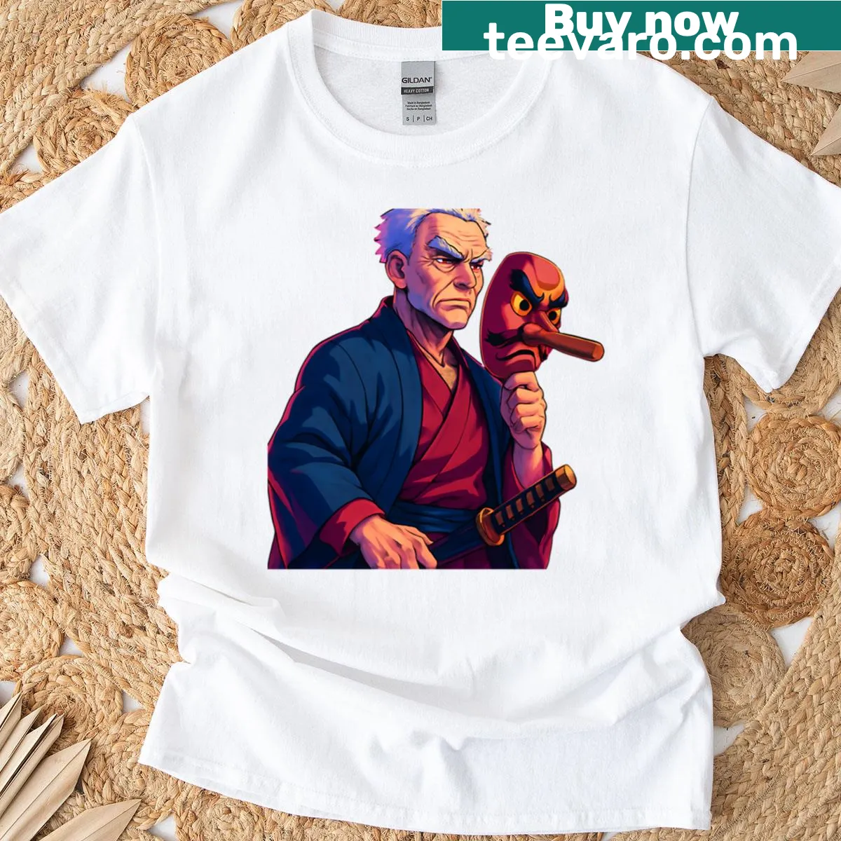 Urokodaki character graphic T-shirt with mask — on a men's t-shirt