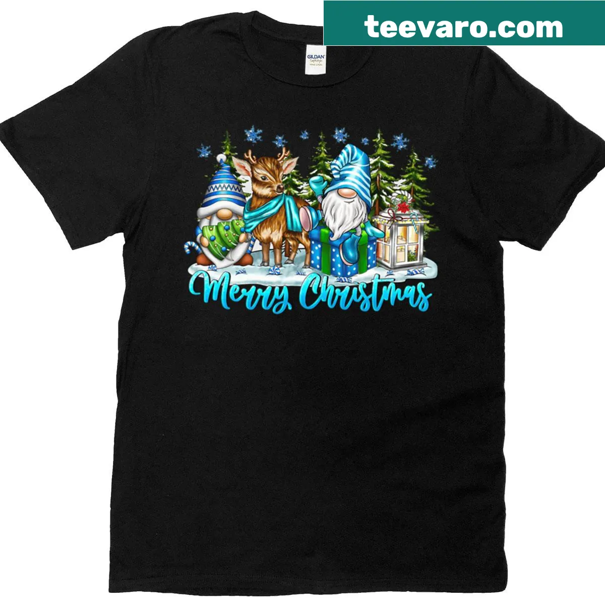 Cute illustration of gnomes and reindeer in a winter scene on T-shirt — on a men's t-shirt