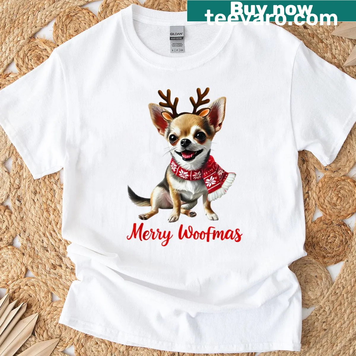 Chihuahua wearing reindeer antlers in a funny Christmas meme design. — on a men's t-shirt