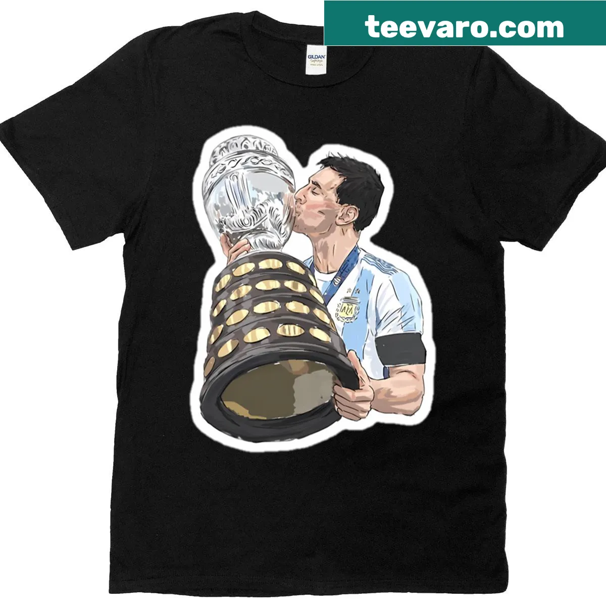 Soccer-themed T-shirt featuring Messi and World Cup graphics — on a men's t-shirt