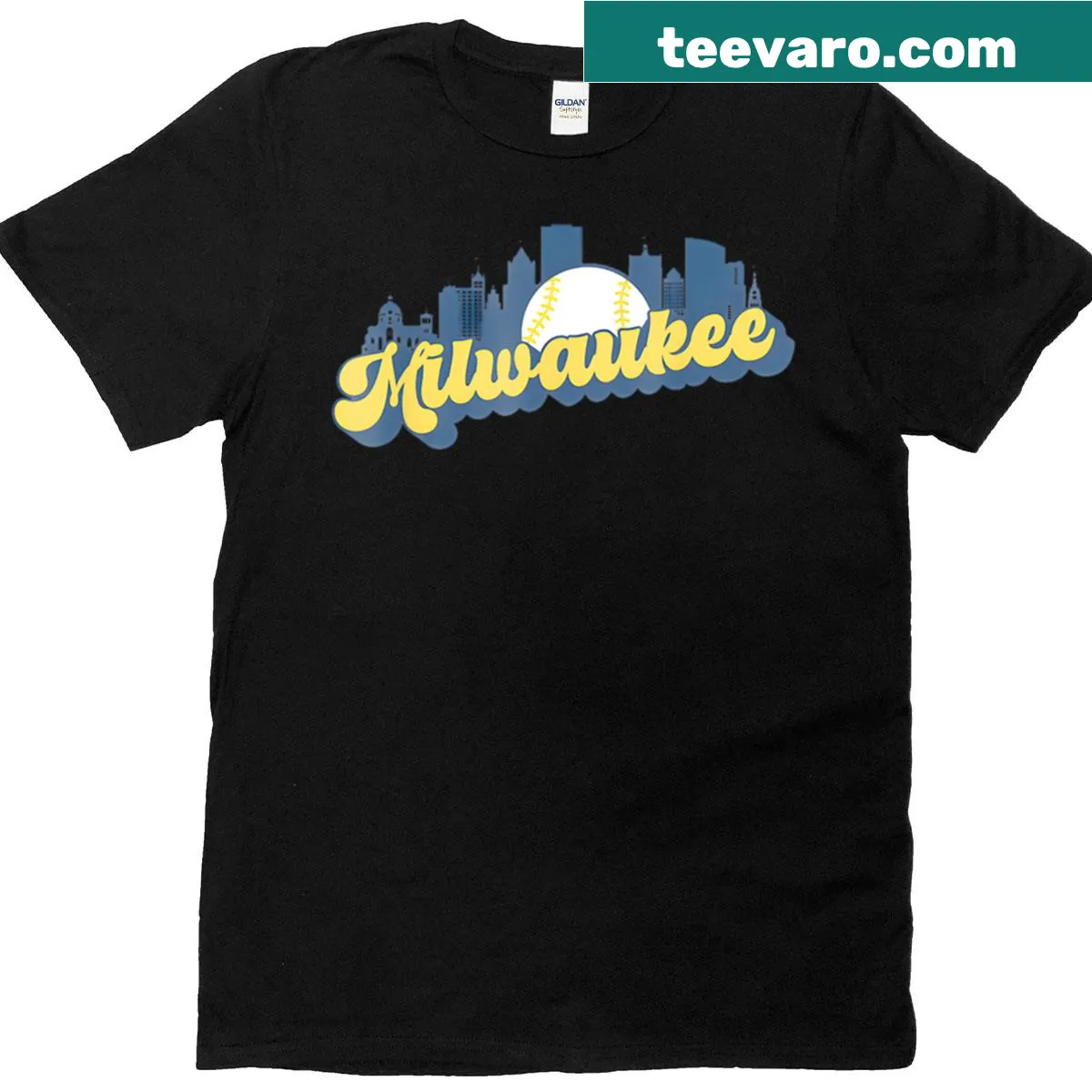 Retro Milwaukee baseball skyline design T-shirt — on a men's t-shirt