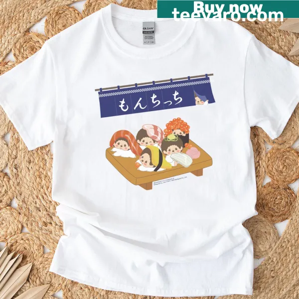 Monchhichi characters with a platter of nigiri sushi graphic