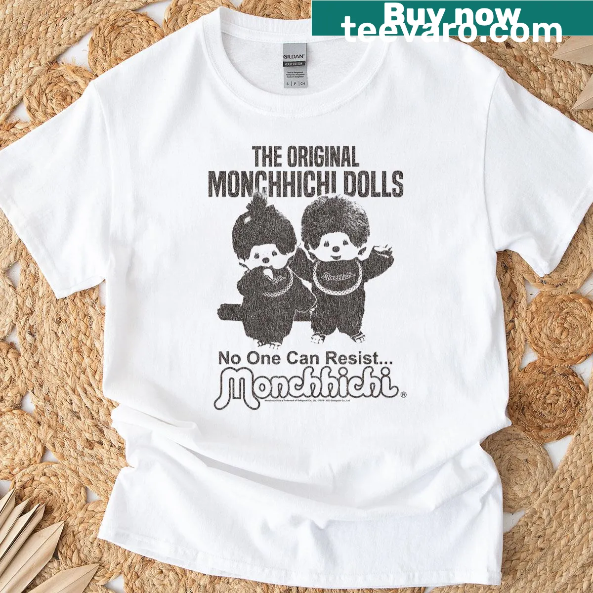 Vintage-style T-shirt featuring an old photo of Monchhichi dolls — on a men's t-shirt
