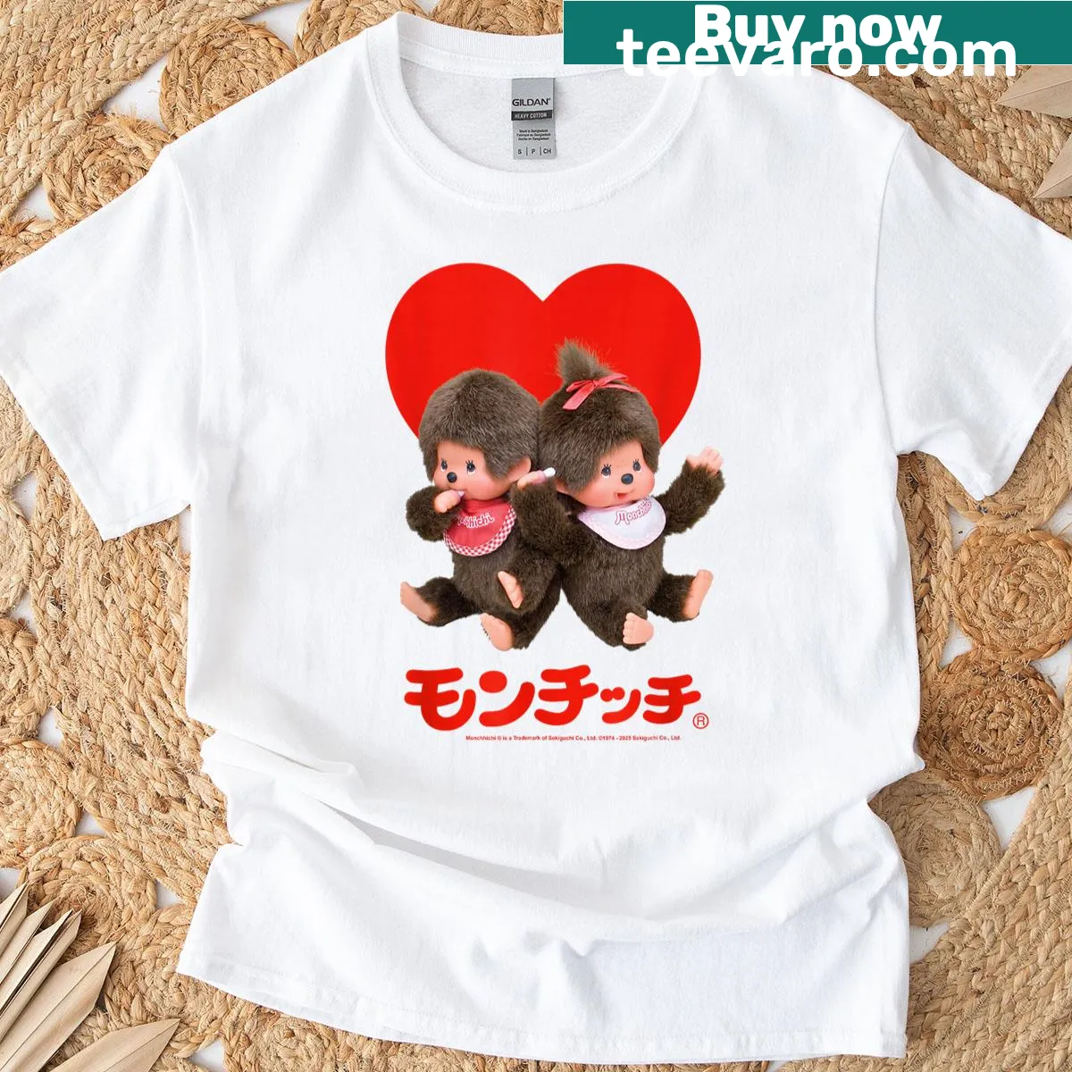 Cute Monchhichi duo illustration for Valentine's Day t-shirt — on a men's t-shirt