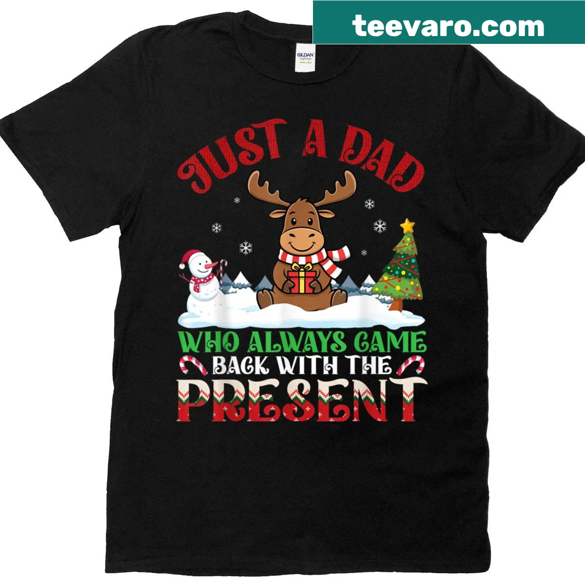 Christmas T-shirt featuring a 'Moose Dad' theme with a festive graphic. — on a men's t-shirt