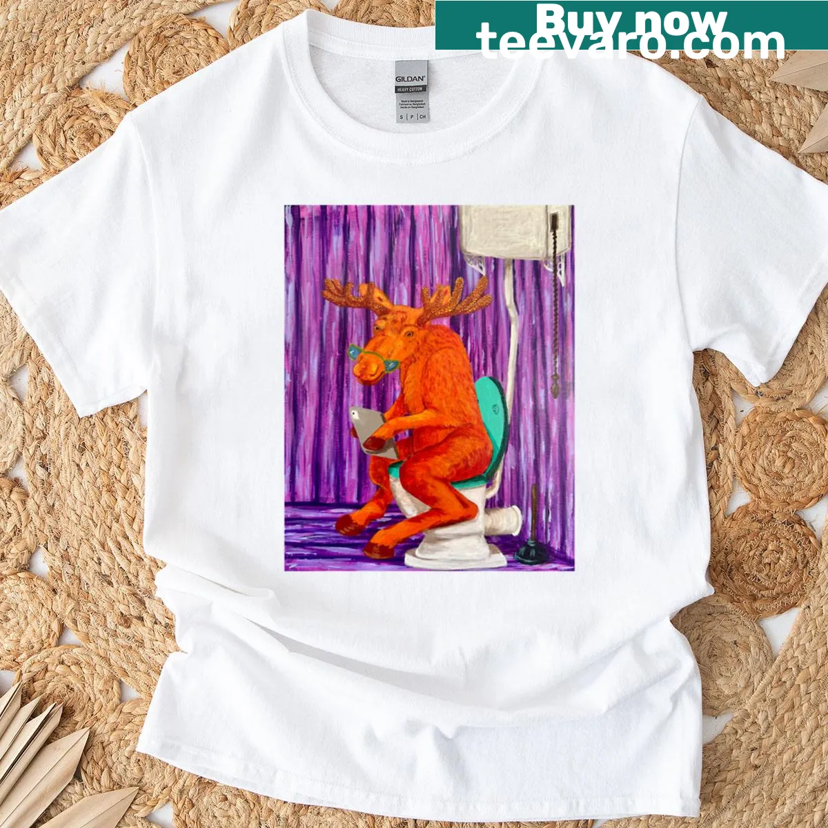 Funny moose on the toilet graphic T-shirt — on a men's t-shirt