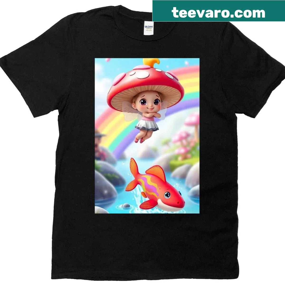 Illustrated t-shirt with a fairy over a magical river and rainbow — on a men's t-shirt